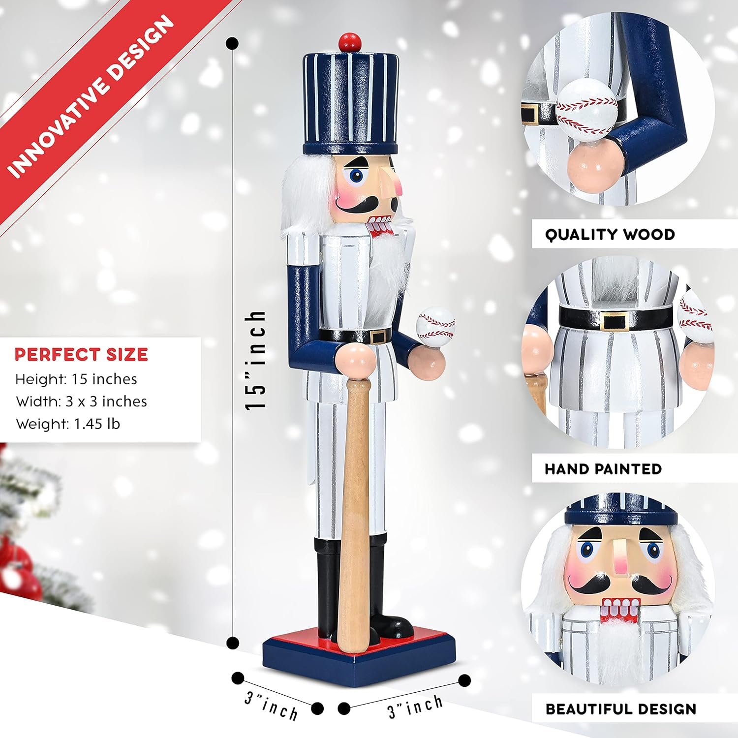 Ornativity Christmas Baseball Player Nutcracker - Baseball Player Figure with White Pin Stripe Uniform and Bat Xmas Sports Holiday Decor Nutcracker 15" - Image 6