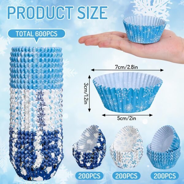 Whaline 600Pcs Christmas Winter Cupcake Liners Snowmen Snowflake Blue White Cupcake Wrappers Baking Cups Holders Xmas Holiday Muffin Liners for Party Supplies Decor - Image 3