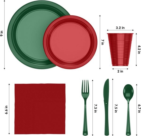 364 Pcs Christmas Disposable Plates For Party, Christmas Plastic Plates Set Includes: 52 Of Each 9" Plastic Dinner Plates, 7" Dessert Plates, Cups, Napkins & Cutlery Plastic Dinnerware Set Exquisite - Image 3