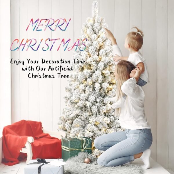 MERITLINE Pre-Lit Artificial Christmas Tree with Lights, 7FT Snow Flocked Design Holiday Decoration Xmas Tree with 1064 Branch Tips, 300 Tungsten Lamp String/Easy Assembly, Metal Stand - Image 8