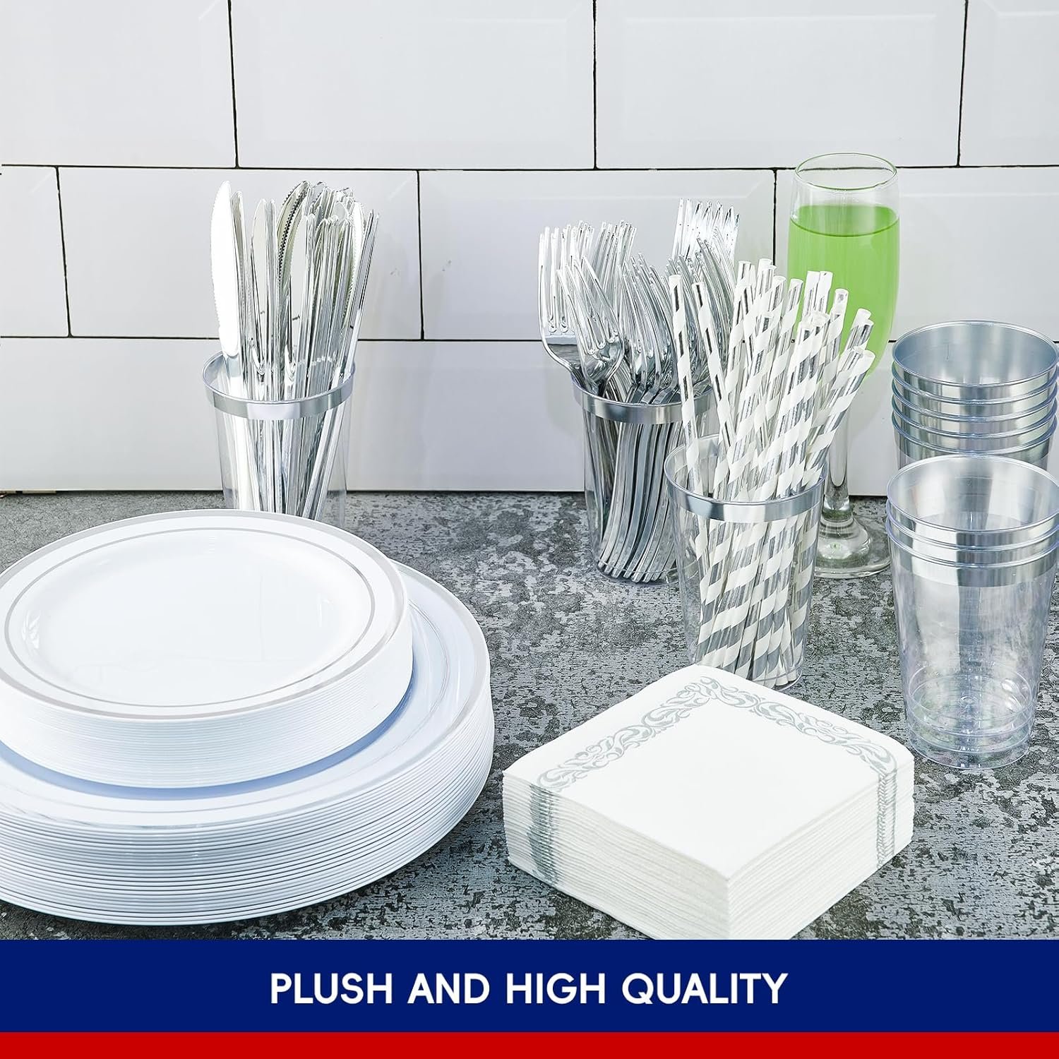 250 Count Silver Disposable Plastic Dinnerware Set, 50 Silver Plastic Plates, 25 Plastic Silverware, 25 Silver Cups and Straws, 50 Napkins, Perfect for Wedding Party - Image 7