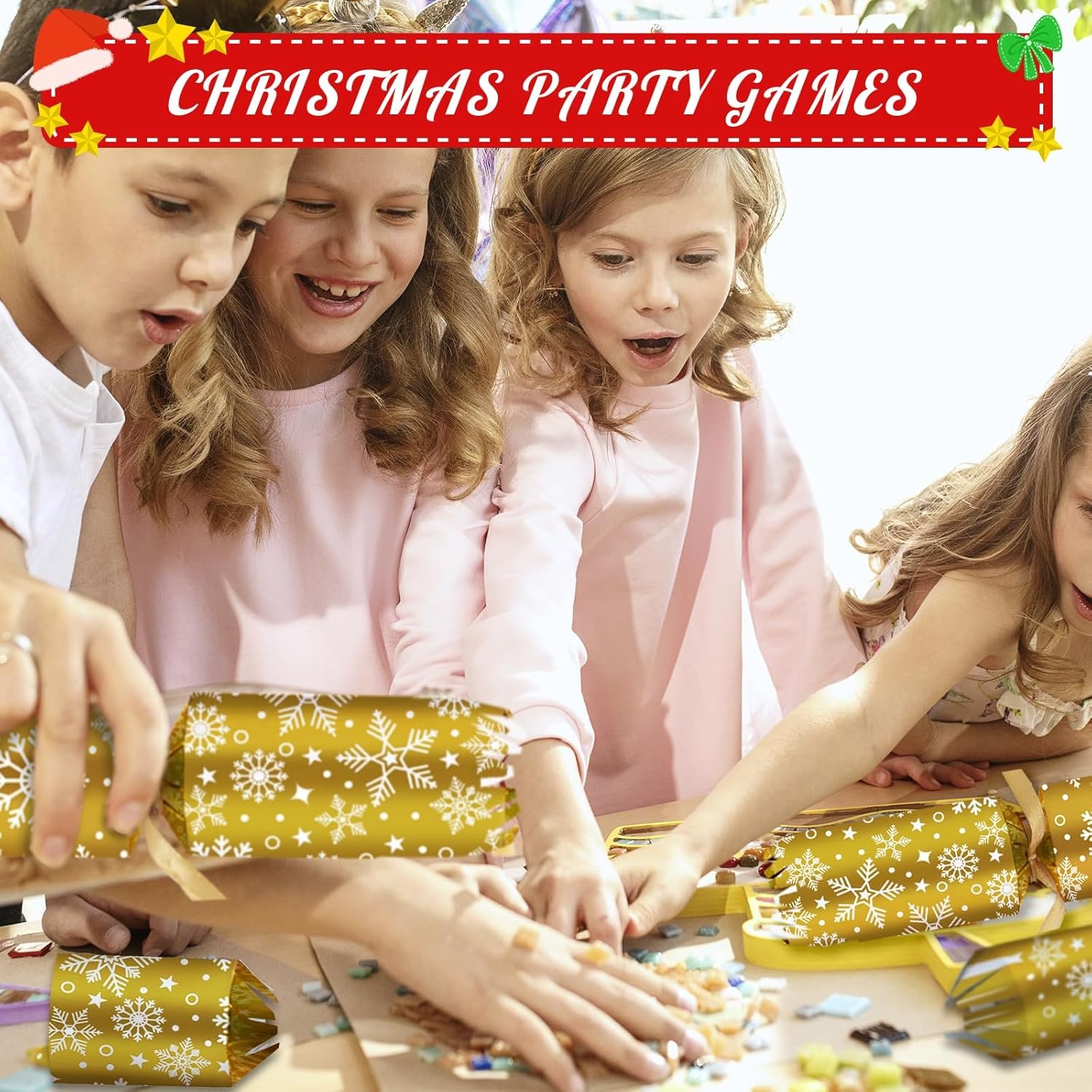 10PACK Christmas Party Favor No-Snap Table Favors with Prize Joke Gifts for Kids Adults Party Supplies Dinner Decorations British English Holiday Games Gold Snowflake Pattern - Image 8