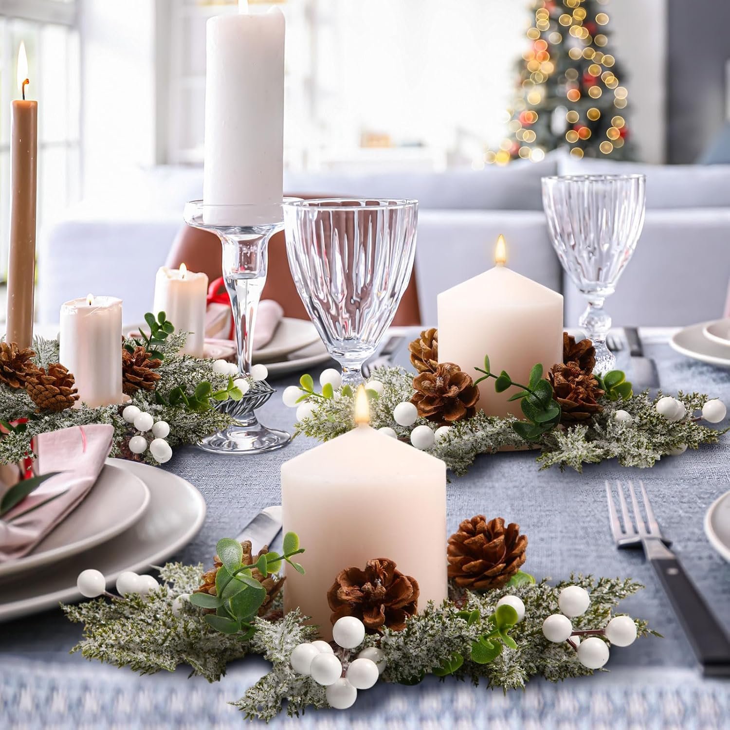 9 Pcs Christmas Candle Rings Wreath Artificial Red Berries and Pine Cones Candle Wreaths Snowy Pine Garland Candle Ring Holder for Christmas Wedding Festive Home Table Decoration - Image 5