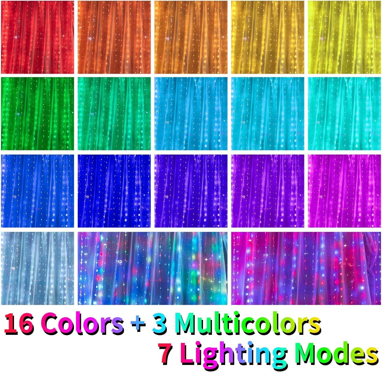 16 Colors Changing Curtain Lights - 250 LED 9.8 X 8.8 FT Fairy String Lights, 7 Modes Twinkle Lights with Remote, Backdrop Wall Hanging Dripping Lights for Bedroom Backyard Halloween Christmas Decor - Image 3