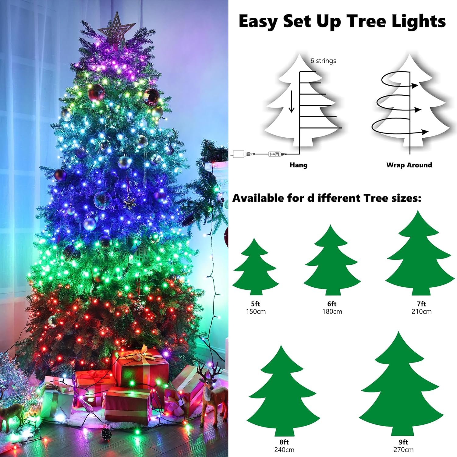 Christmas Tree Lights for 7ft 9ft with Remote - 540 LED RGB Timer Memory Function, Color Changing Rainbow Lighting Modes Christmas Decorations - Image 5