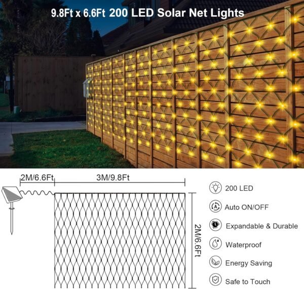 Solar Net Mesh String Lights Outdoor Waterproof 9.8ft x 6.6ft 200 LEDs Tree-wrap Lights,Dark Green Cable,8 Modes Outdoor Mesh Lights for Party Christmas Wedding Garden Home Patio Lawn - Warm White - Image 9