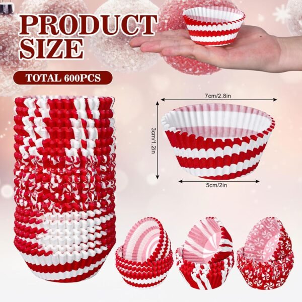 Whaline 600Pcs Christmas Candy Cupcake Liners Peppermint Baking Cups Holders Candy Cane Cupcake Wrappers Red White Candy Muffin Liners for Xmas Holiday Birthday Party Candy Make Baking Supplies - Image 3