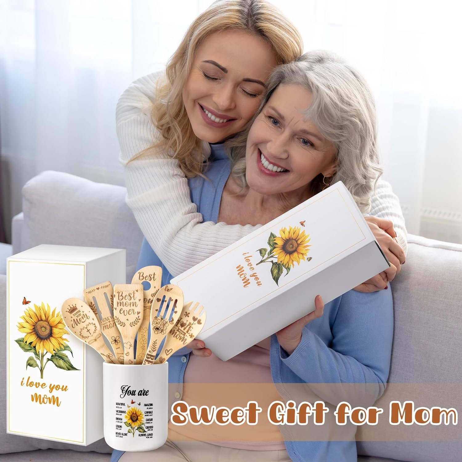CJiangpo Mom Cooking Utensils Set - Sunflower Ceramic Utensil Holder with 6 Wooden Spoons Spatulas Set, Sunflower Kitchen Decor Cooking Tools Kitchen Gifts for Mom, Christmas Christian Gifts for Women - Image 6