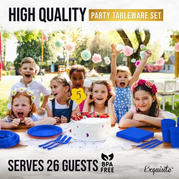 182 Pcs Plastic Dinnerware Set Includes 26 Of Each 9" Dark Blue Plastic Dinner Plates | 7" Plastic Dessert Plates | 12 oz Plastic Cups | Dark Blue Napkins | Plastic Spoons, Forks & Knives Exquisite - Image 7