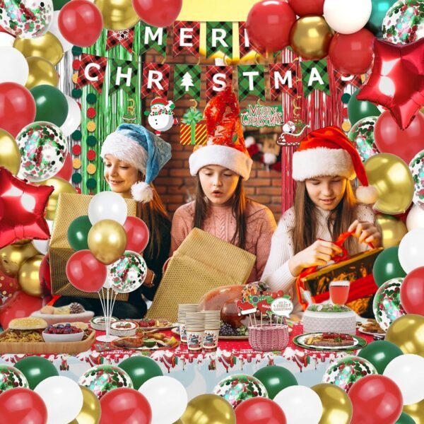 331 Pcs Christmas Decorations Indoor, Christmas Party Decor Supplies - "MERRY CHRISTMAS" Banner, Fringe Curtain, Swirls, Balloon, Photo Porps, Tableware with Christmas for 25 Guests - Image 5