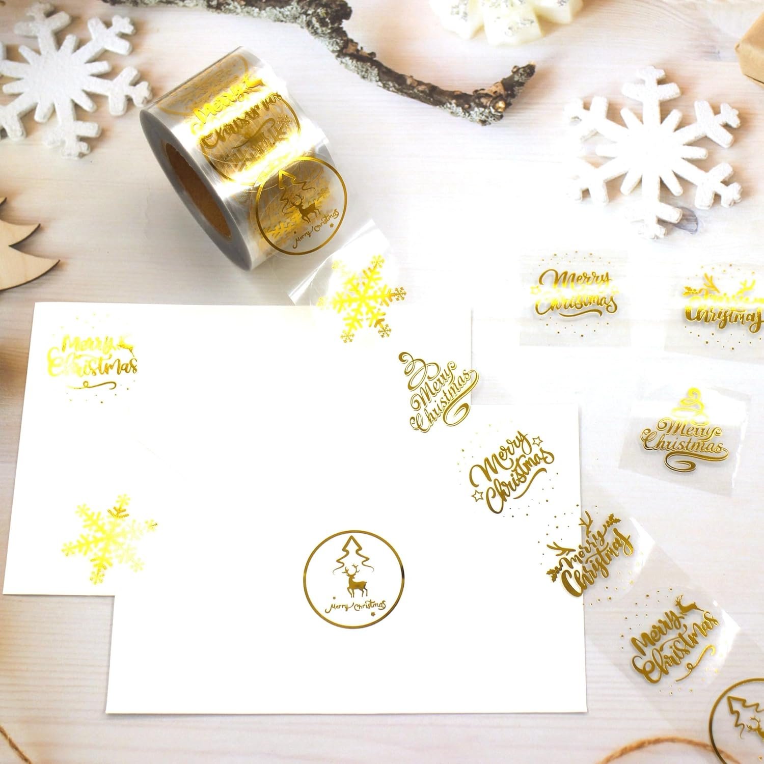 1.5 Inches/600 Christmas Stickers, 6 Clear Gold Foil Designs Merry Christmas Stickers Snowflake Stickers for Christmas Decorations Envelopes Cards Sealing Craft Decor - Image 8