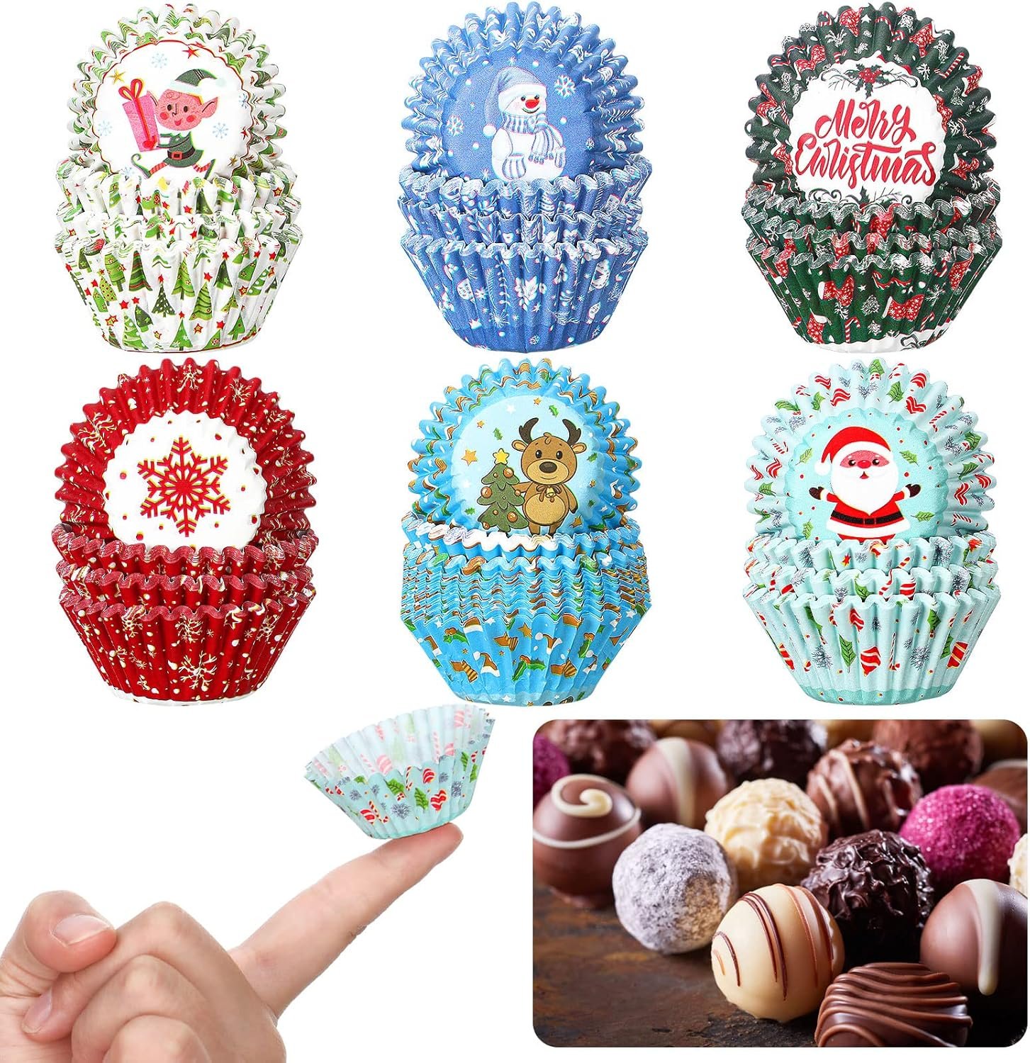 Gerrii 600 Pcs Christmas Candy Cups Paper Candy Making Supplies Santa Claus Snowman Baking Supplies Snowflake Elk Mini Cupcake Liner Xmas Mini Baking Cups Holiday Candy Paper Wrappers 6 Style(Cute) - Image 2