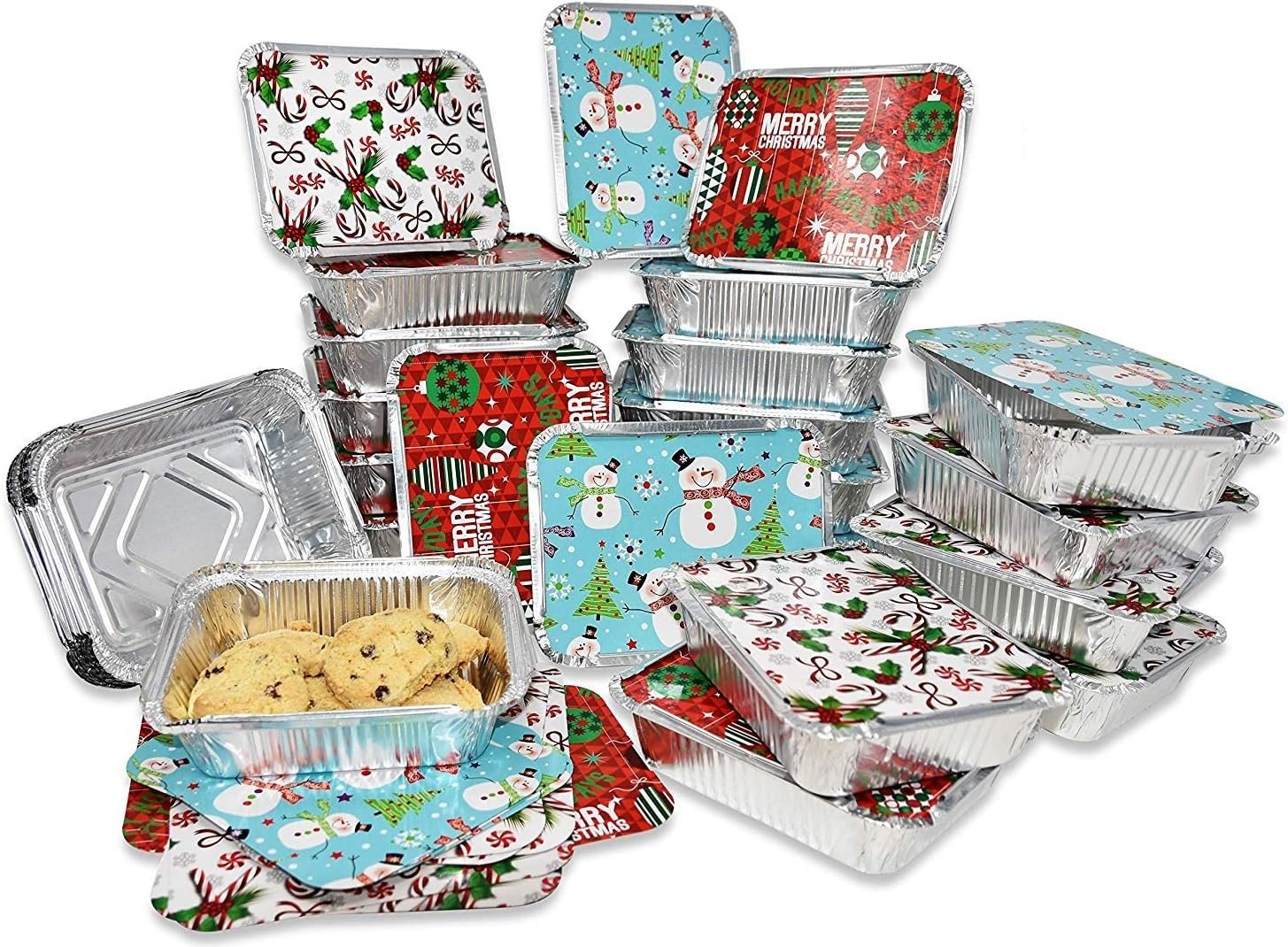 Gift Boutique 36 Count Christmas Tin Foil Containers with Lid Covers For Cookies in 3 Holiday Designs Aluminum Disposable Food Storage Pans For Treat Exchange & Goody Party Leftovers 5"W X 7"L X 1.5" - Image 2