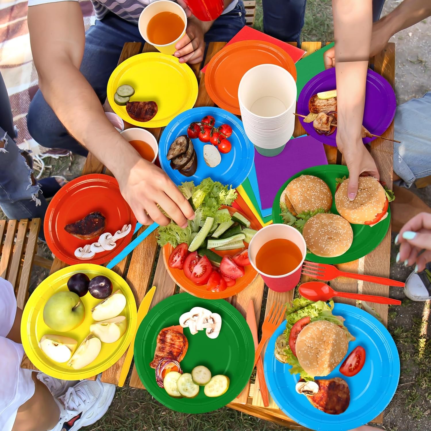 durony 504 Pieces Rainbow Disposable Party Tableware Set Serves 72 Guests 7" & 9" Rainbow Paper Plate 9oz Paper Cups Paper Napkins Plastic Cutlery Rainbow Party Decorations Neon Party Supplies - Image 8