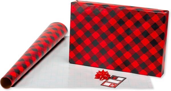 American Greetings 120 sq. ft. Red and Black Christmas Wrapping Paper Set with Cut Lines (4 rolls 30 in. x 12 ft., 7 Bows, 30 Gift Tags), Christmas Text, Plaid, Reindeer and Snowflakes - Image 7