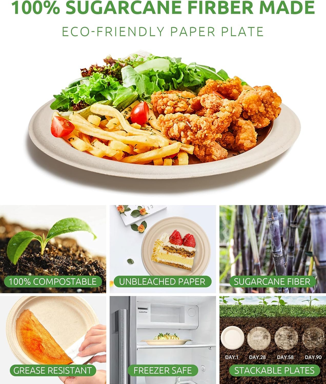 300Pcs Disposable Paper Plates Set, Compostable Plate Sugarcane Utensils Eco Friendly Dinnerware Kit Includes 50 Biodegradable Plates, Forks, Knives and Spoons - Image 3
