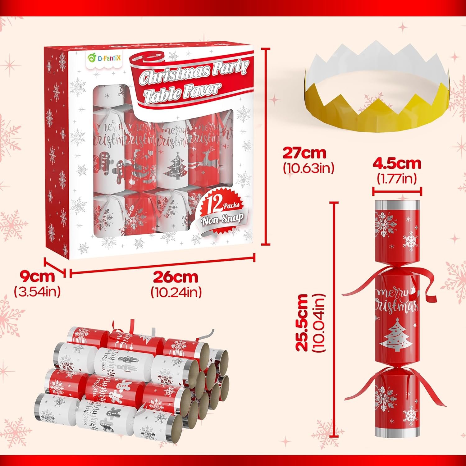 D-FantiX 12 Pack Christmas Party Favors with Red & White Snowflake Design, No-Snap Party Table Favors with Party Hats Joke Little Gifts, Xmas Holiday Dinner Traditions Supplies, Gift for Kids Adult - Image 7