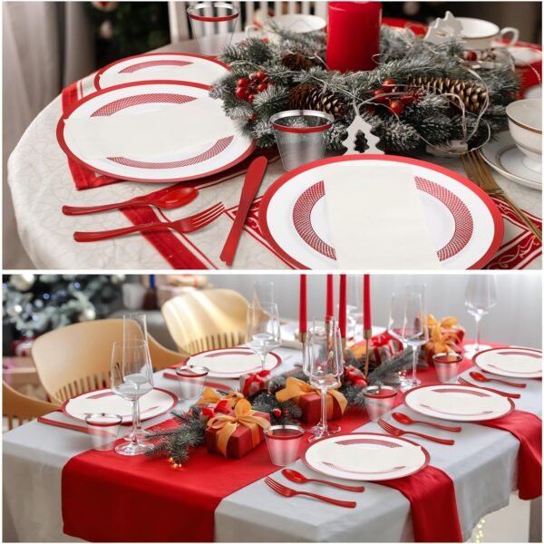 Yaomiao 350 Pcs Christmas Disposable Plates with Trim Set for Xmas Party Plastic Dinnerware 90z Cup Knives Fork Spoon Napkins Christmas Tableware for 50 Guests Gathering Wedding Holiday (Red) - Image 7