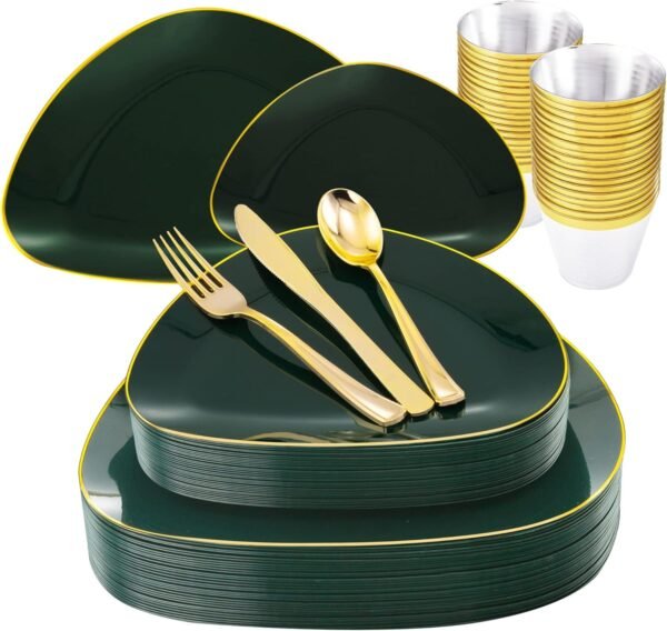 DaYammi 180Pcs Christmas Green Plastic Plates, Green Gold Disposable Plates with Gold Tableware Gold Dinnerware Set Include: 30 Dinner Plates 30 Dessert Plates 90 Gold Cutlery 30 Cups for Party - Image 2