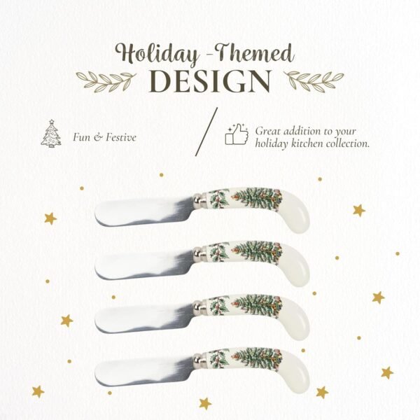 Spode Christmas Tree Cheese Spreaders (Set of 4) - 4.75" Stainless Steel Butter Knife with Porcelain Handle for Jam, Pastry, Butter Knife - Holiday Silverware & Festive Kitchen Cutlery - Image 4
