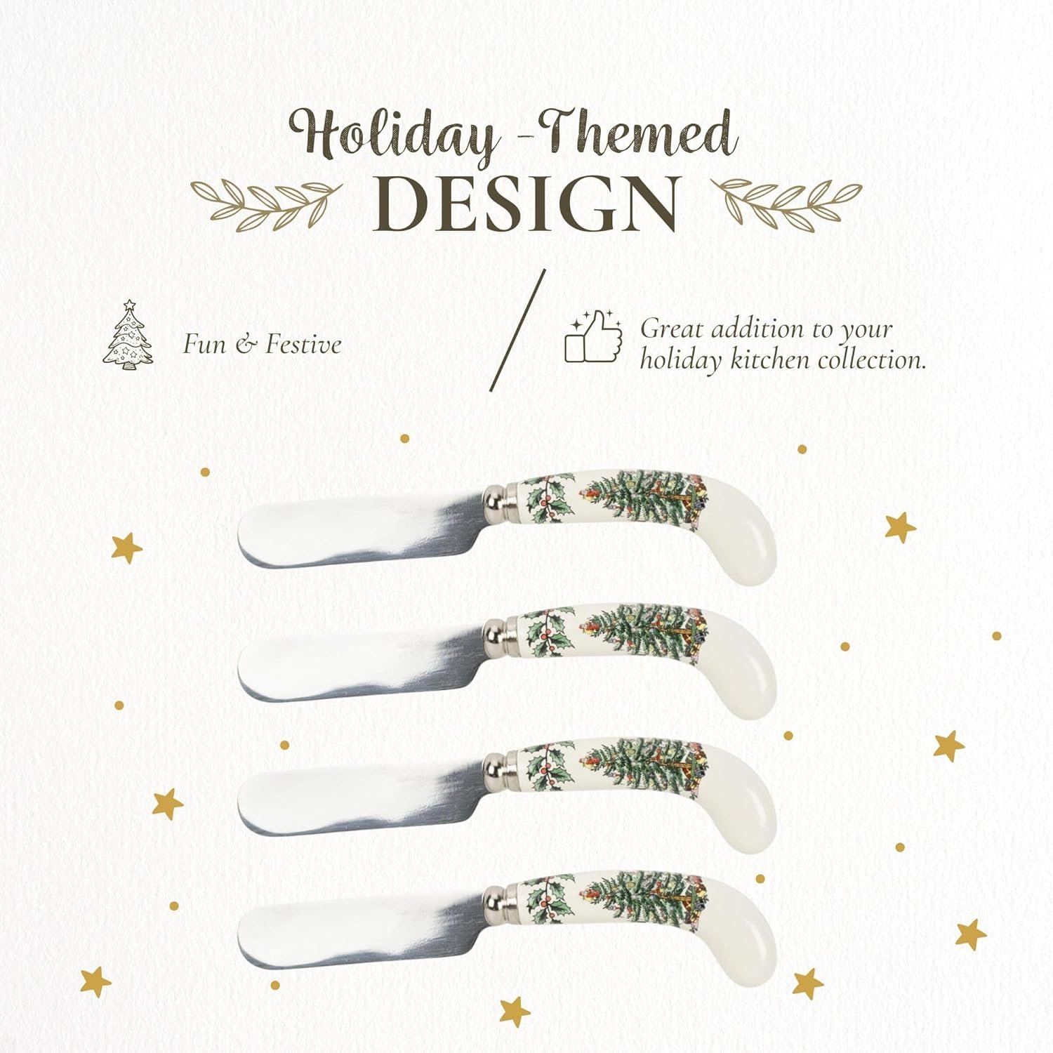 Spode Christmas Tree Cheese Spreaders (Set of 4) - 4.75" Stainless Steel Butter Knife with Porcelain Handle for Jam, Pastry, Butter Knife - Holiday Silverware & Festive Kitchen Cutlery - Image 4