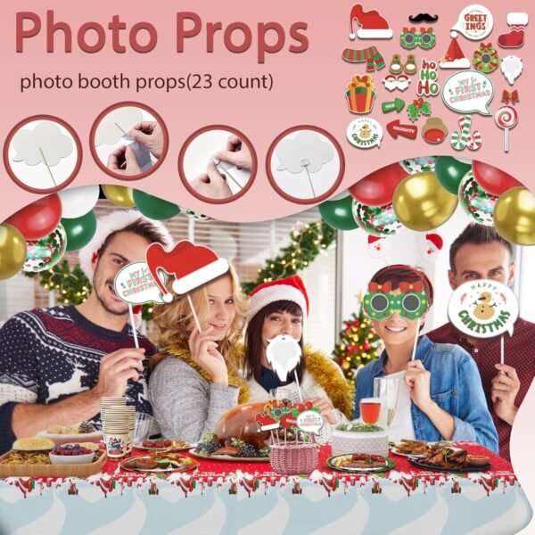 331 Pcs Christmas Decorations Indoor, Christmas Party Decor Supplies - "MERRY CHRISTMAS" Banner, Fringe Curtain, Swirls, Balloon, Photo Porps, Tableware with Christmas for 25 Guests - Image 6