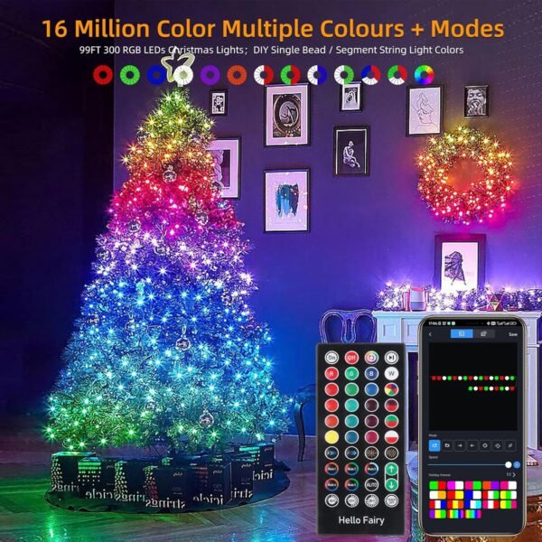 XTF2015 Christmas Tree Lights Color Changing Smart RGB String Lights 99FT 300LED with Remote & App Control & Timer, Waterproof Christmas Lights Multiple Function Modes for Garden Tree House Decor - Image 3