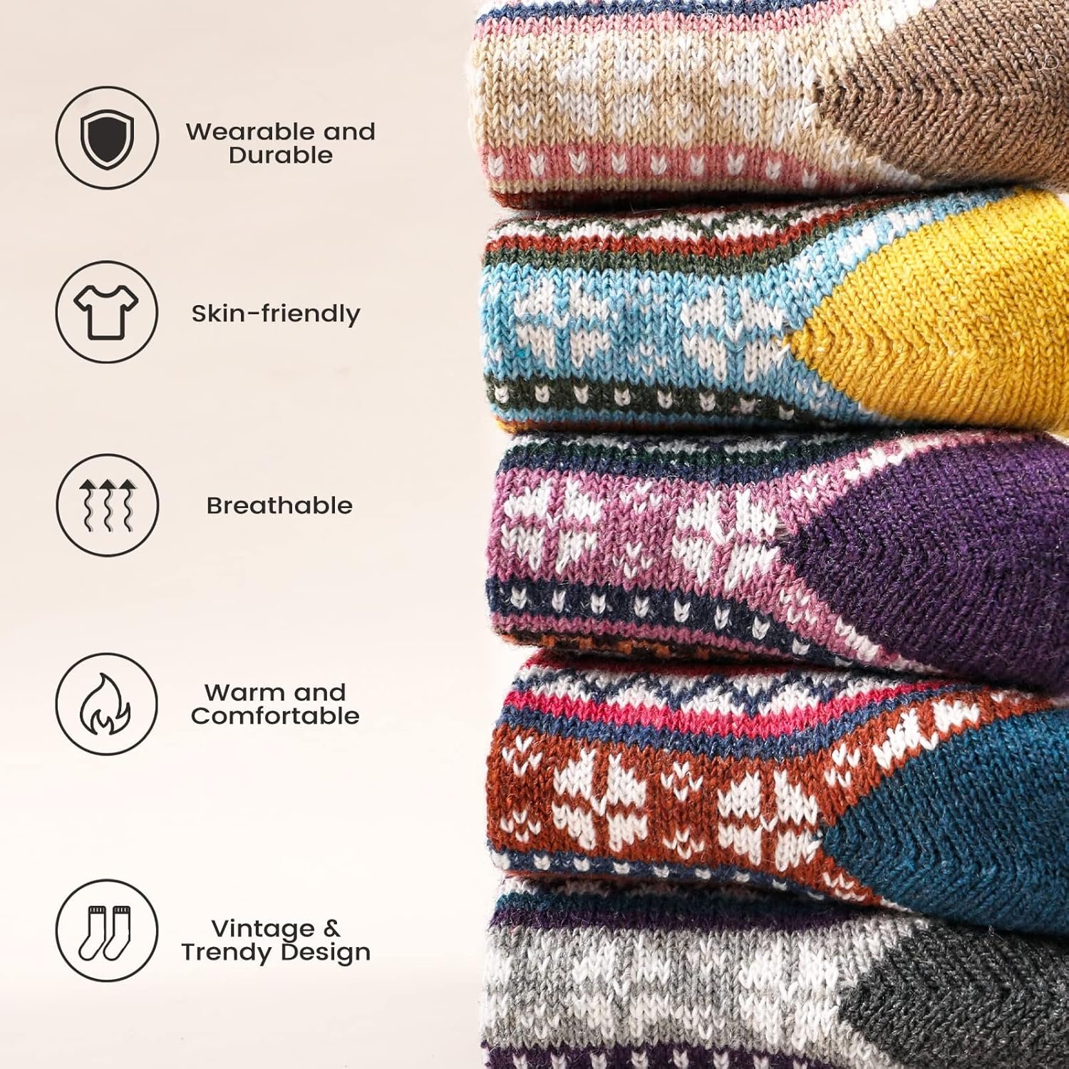 5 Pairs Wool Socks - Wool Socks for Women, Cozy Crew Socks, Warm Winter Socks for Women, Womens Vintage Socks, 6-10 - Image 3