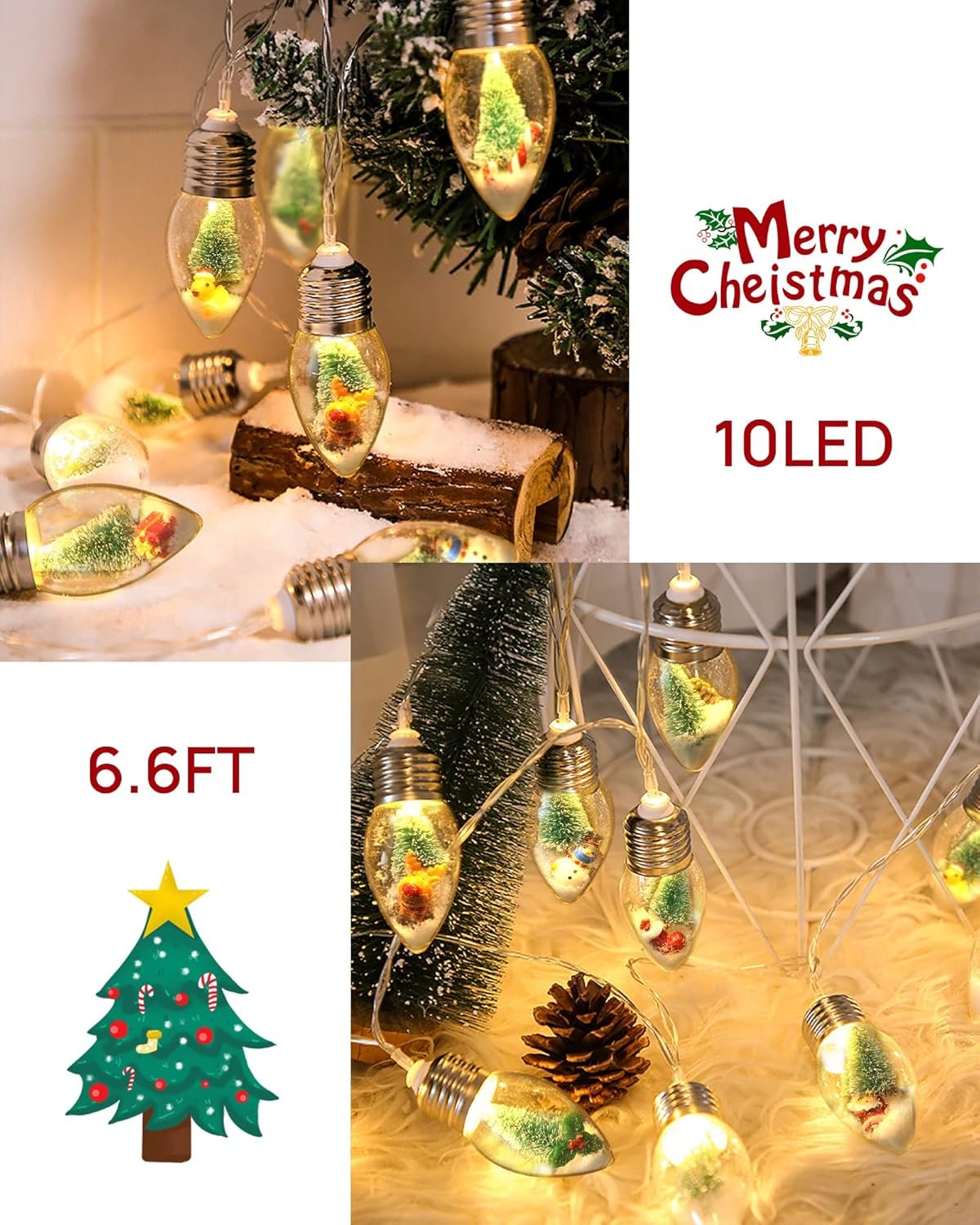 6.6ft Christmas Tree Snow Globe String Lights for Indoor Bedroom Decorations - 10 LED Globe Bulbs String Light with Tree & Snow & Cute Ornaments for Home Patio Decor Fireplace Xmas Tree Decoration - Image 4