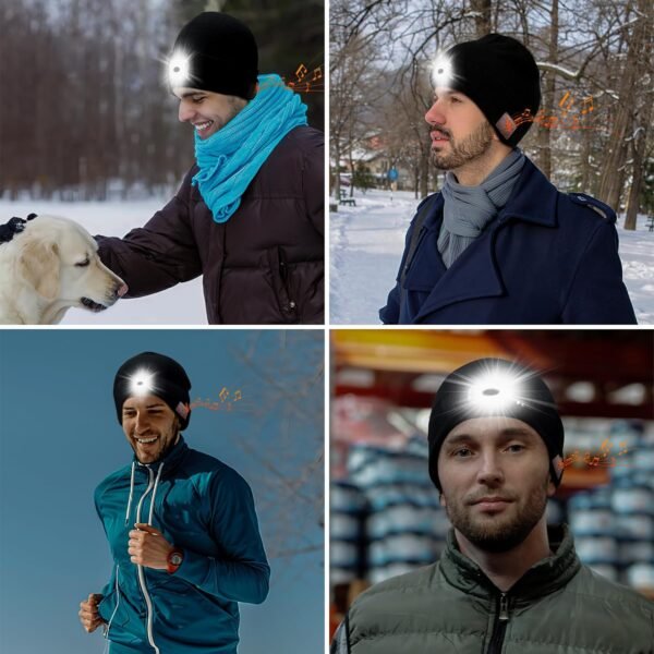 Bluetooth Beanie with Light, Wireless Music Beanie Hat with Rechargeable 6 LED, Unique Tech Gifts for Men Husband Him Teen, for Fishing Jogging Working, Christmas Stocking, Black - Image 8