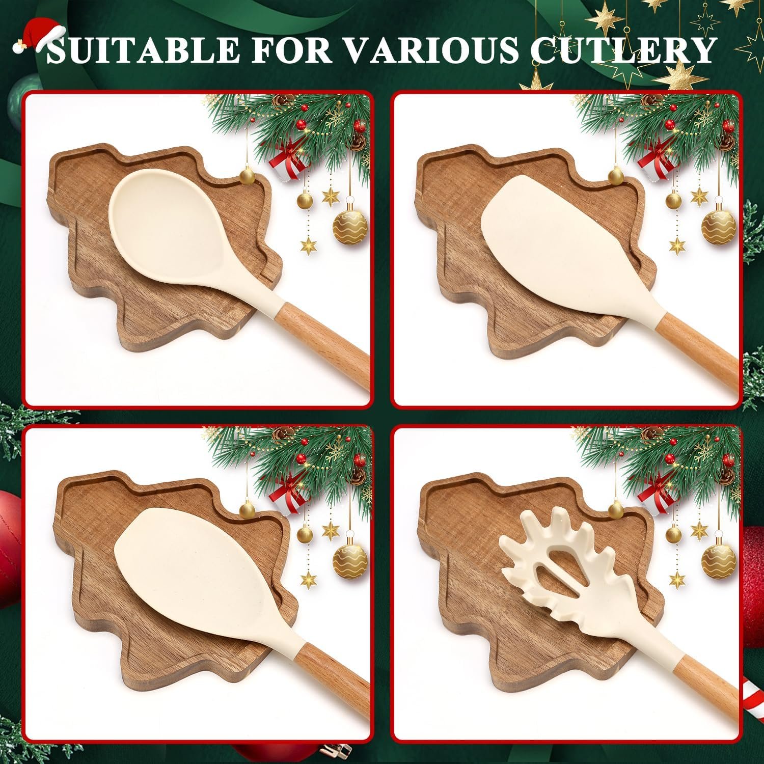 Tree Christmas Spoon Rest for Counter Acacia Wood Spoon Holder Christmas Kitchen Decor Gifts Farmhouse Large Cooking Utensils Holder for Stove Top Wooden Xmas Spoon Rest Spatula Holiday Spoon Rest - Image 5