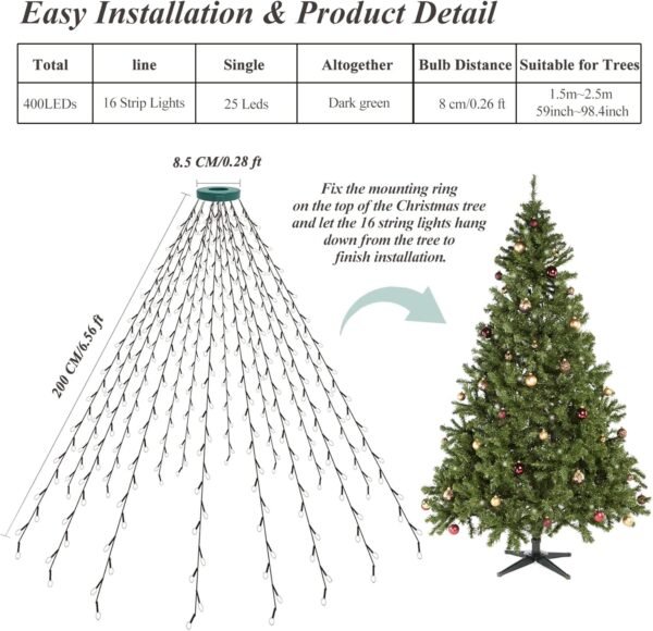 aneeway Christmas Tree Lights, 400 LED Christmas Lights with 8 Light Modes & Memory Function, 6.6FT x 16 String Lights with Timing Function & Remote Control for Christmas Decorations - Warm White - Image 8