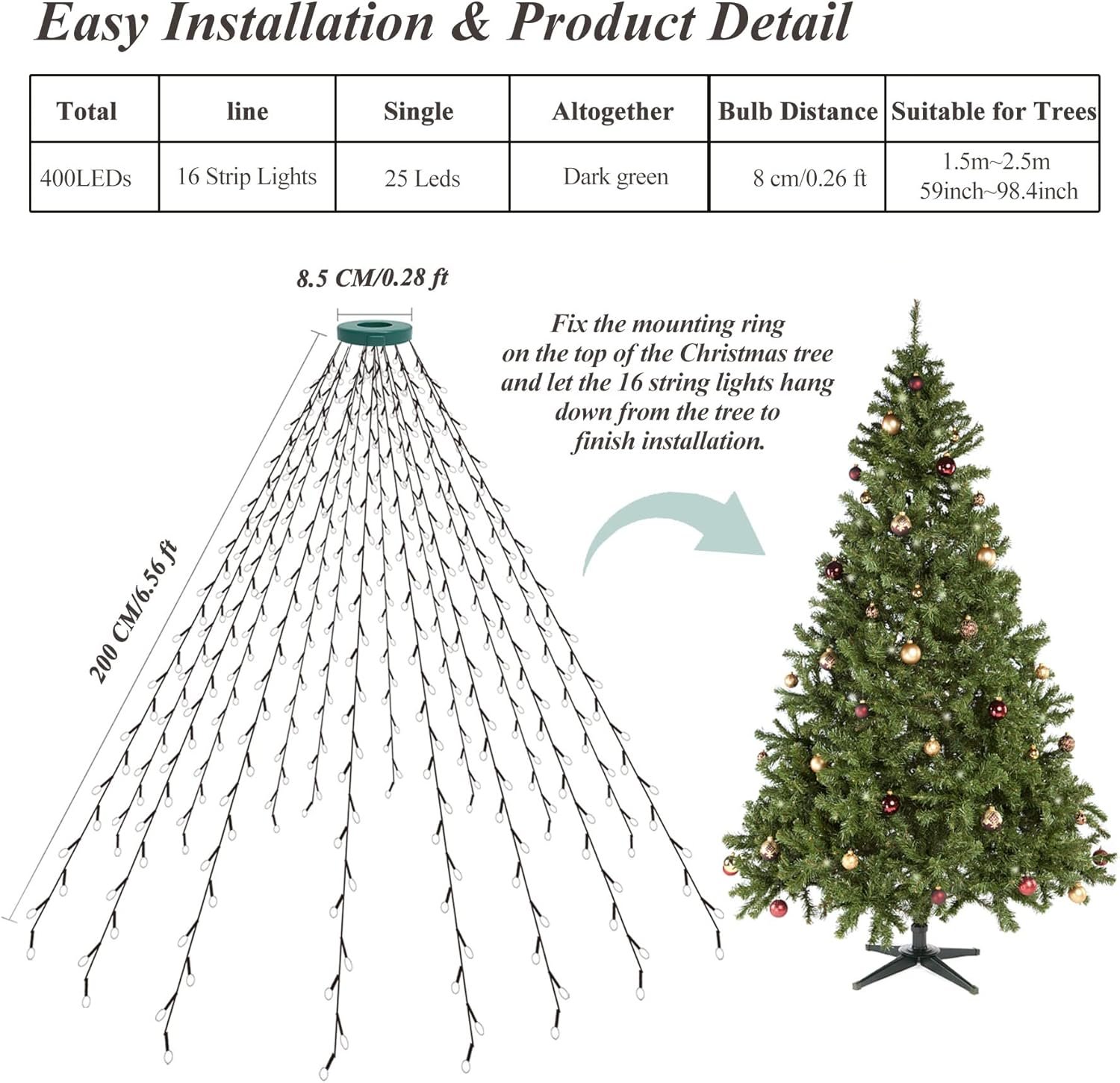 aneeway Christmas Tree Lights, 400 LED Christmas Lights with 8 Light Modes & Memory Function, 6.6FT x 16 String Lights with Timing Function & Remote Control for Christmas Decorations - Warm White - Image 8