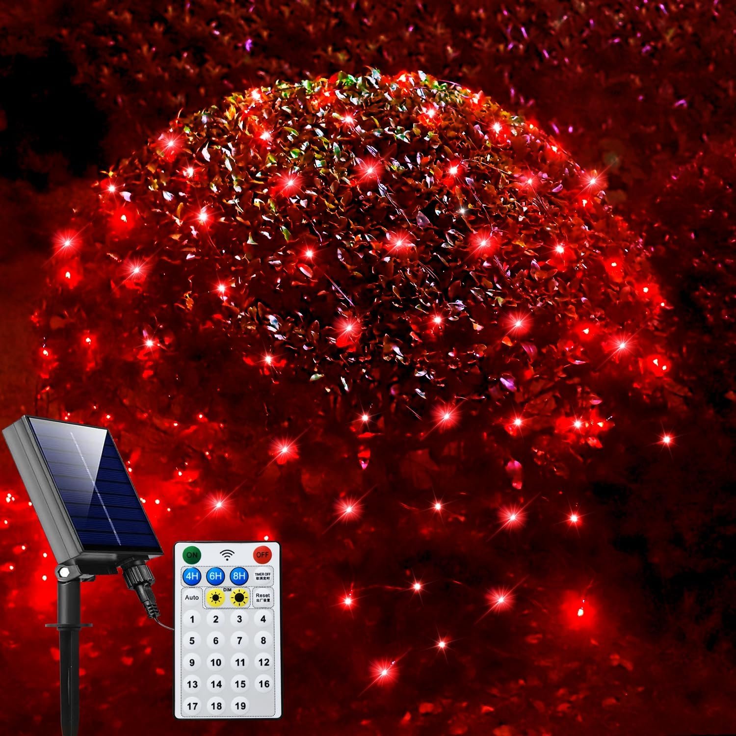 Solar Net Christmas Lights Red, 200 LED Net Lights Outdoor Mesh Lights, Waterproof 19 Modes Solar Powered String Lights for Garden, Yard, Bushes, Trunk, Halloween, Xmas Tree Decor-9.8ft x 6.6ft - Image 2