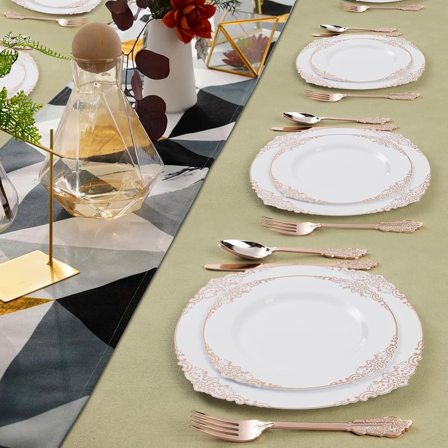 350PCS Rose Gold Plastic Plates for 50 Guests, Disposable Dinnerware Sets Include 100 Rose Gold Rim Plastic Plates, 50 Silverware, 50 Pre Rolled Napkins for Party, Wedding & Decor - Image 8