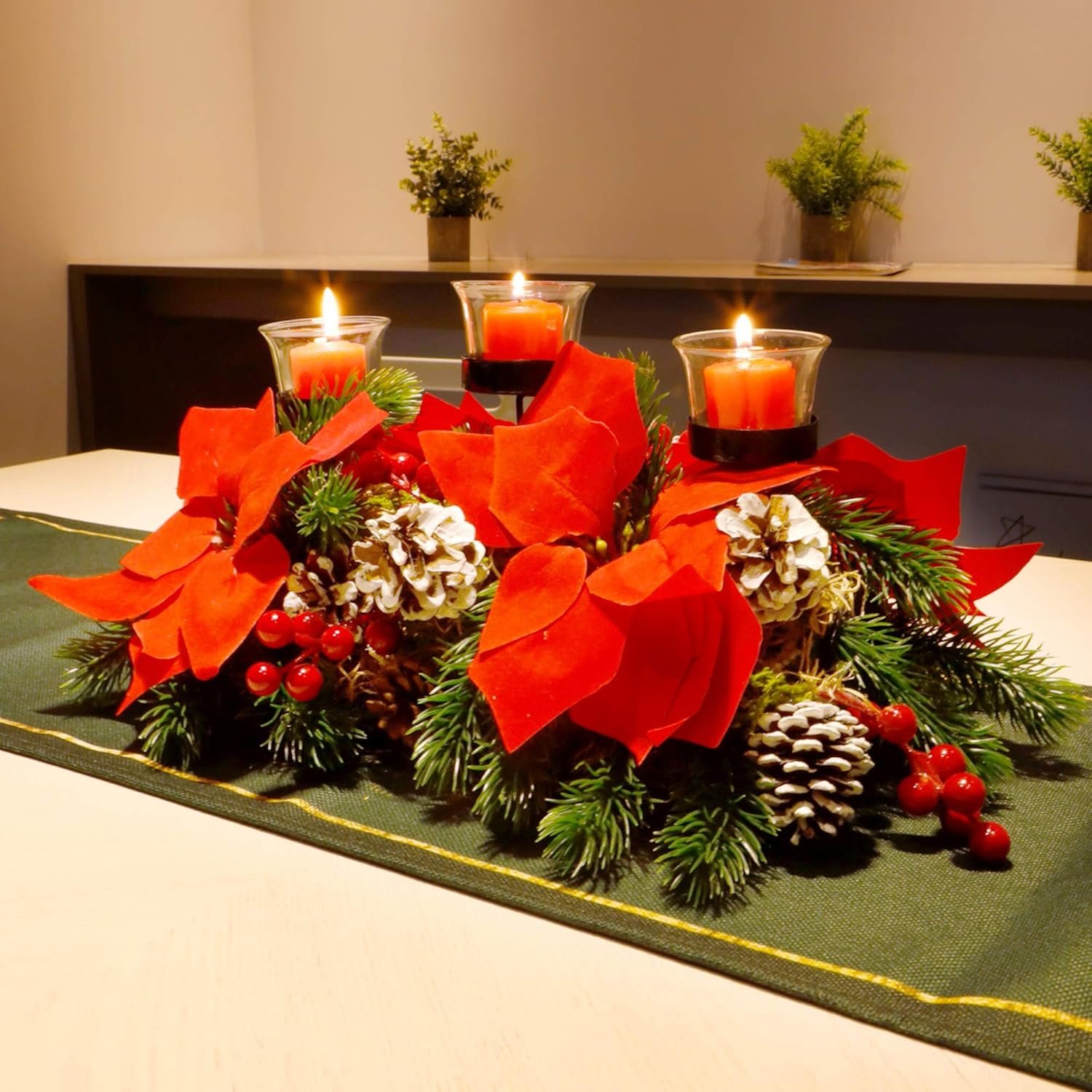 Juegoal Christmas Poinsettia Centerpiece with 3 Candle Holders, Pinecones and Red Berries, Christmas Decorations Holiday Candleabrum, Tabletop Centerpiece and Display - Image 2
