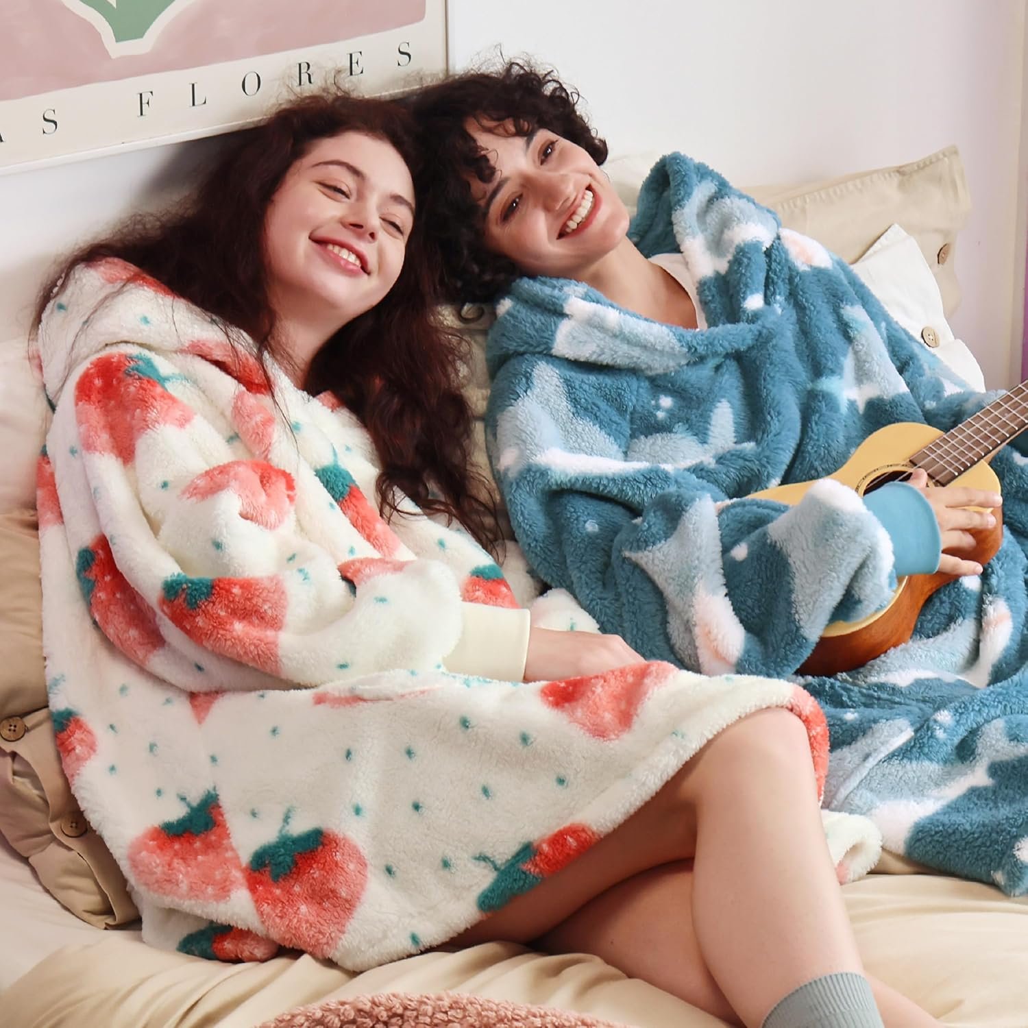 Bedsure Wearable Blanket Hoodie Gifts for Women - Strawberry Printed Shaggy Sherpa Cozy Hoodie Blanket for Adult, Warm Hooded Blanket Sweatshirt - Image 5