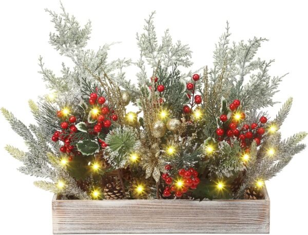 Christmas Centerpiece Winter Arrangement Artificial Snowy Christmas Picks Assorted Branches Holly Red Berry Pine Cone Picks in Rectangle Wooden Box for Farmhouse Rustic Table Decoration - Image 2