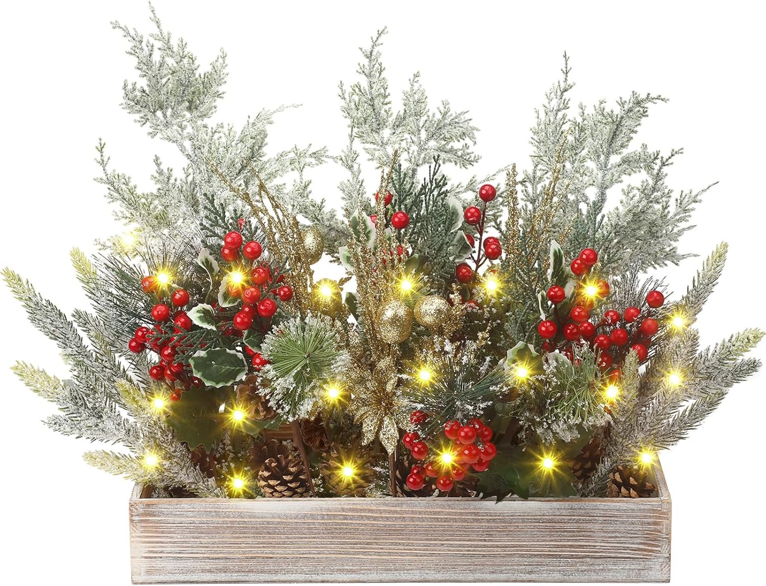Christmas Centerpiece Winter Arrangement Artificial Snowy Christmas Picks Assorted Branches Holly Red Berry Pine Cone Picks in Rectangle Wooden Box for Farmhouse Rustic Table Decoration - Image 2