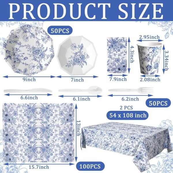 Dandat 402 Pcs Disposable Tableware Set Serve 50 Baby Shower Party Decorations Birthday Party Supplies Set Disposable Plates and Napkins Plastic Tablecloths for Baby Shower(Blue,Floral) - Image 3
