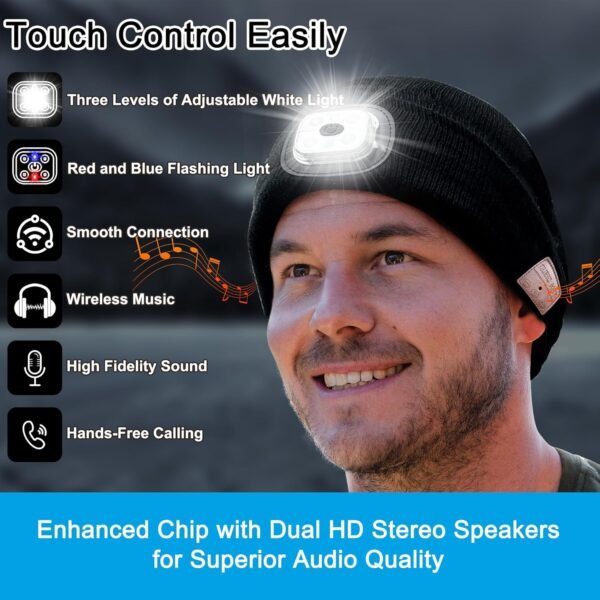 Bluetooth Beanie with Light, Wireless Music Beanie Hat with Rechargeable 6 LED, Unique Tech Gifts for Men Husband Him Teen, for Fishing Jogging Working, Christmas Stocking, Black - Image 3