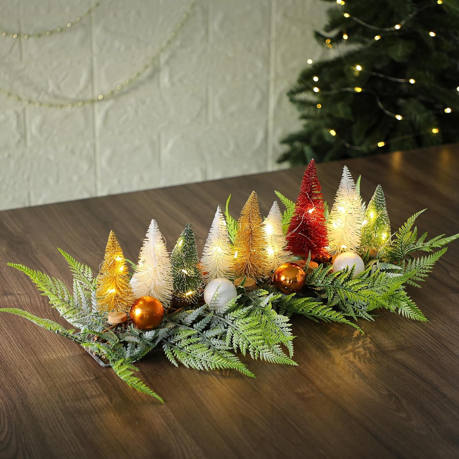 LED Lighted Christmas Table Centerpiece with Bottle Brush Trees Christmas Tree Decoration with Artificial Pine and Balls Xmas Tabletop Centerpieces for Holiday Party Fireplace Home - Image 2
