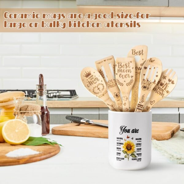 CJiangpo Mom Cooking Utensils Set - Sunflower Ceramic Utensil Holder with 6 Wooden Spoons Spatulas Set, Sunflower Kitchen Decor Cooking Tools Kitchen Gifts for Mom, Christmas Christian Gifts for Women - Image 7