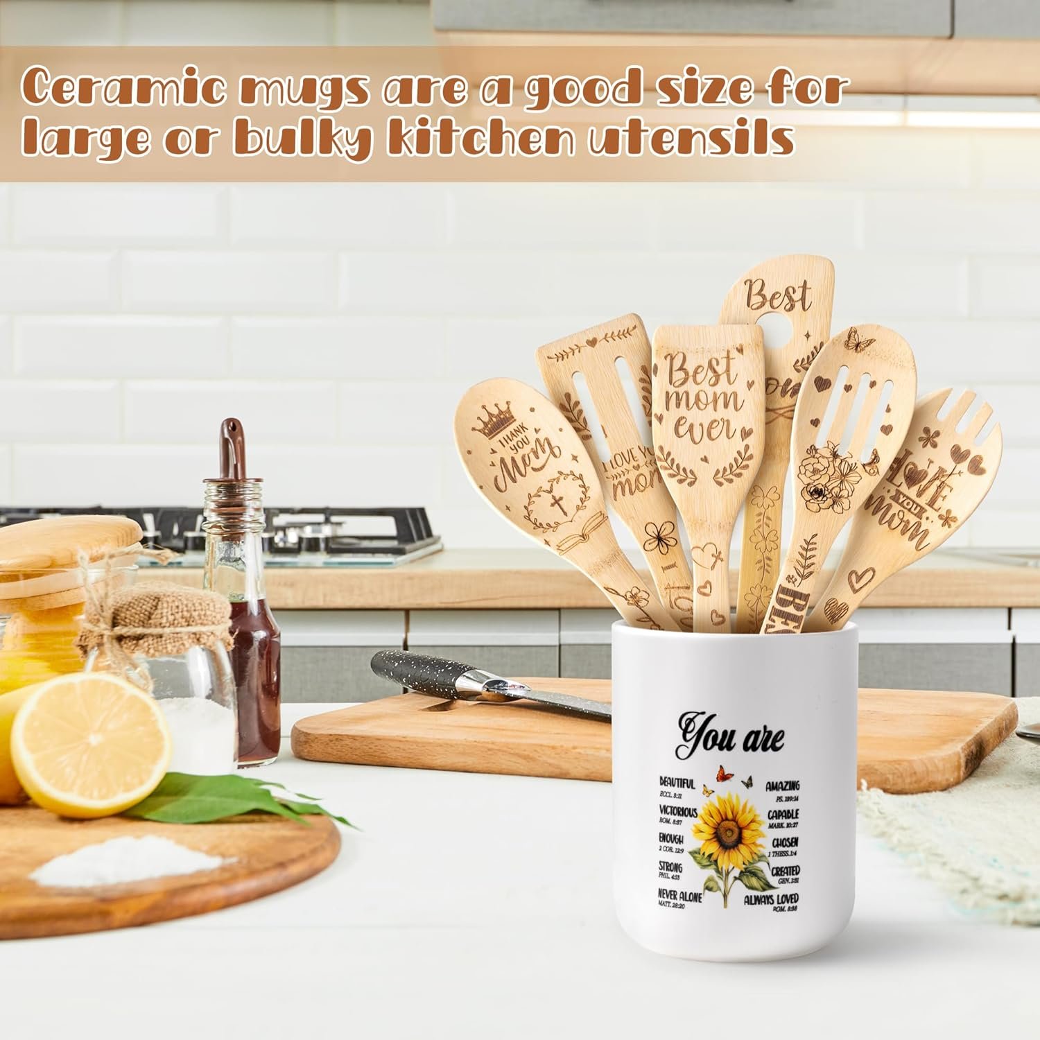 CJiangpo Mom Cooking Utensils Set - Sunflower Ceramic Utensil Holder with 6 Wooden Spoons Spatulas Set, Sunflower Kitchen Decor Cooking Tools Kitchen Gifts for Mom, Christmas Christian Gifts for Women - Image 7