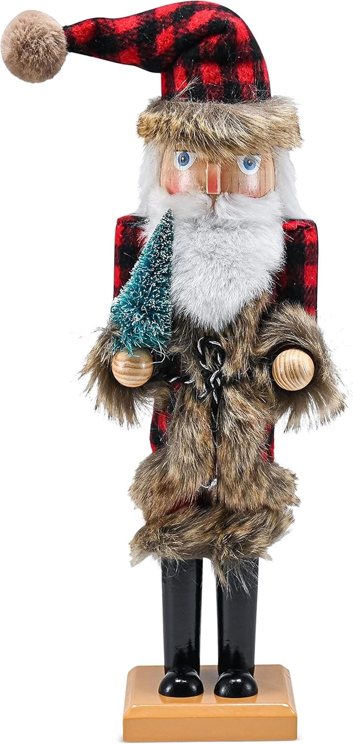Ornativity Christmas Nostalgic Santa Nutcracker – Red and Black Wooden Nut Cracker Santa Clause Man with Buffalo Brown Fur Plaid Coat Holding a Xmas Tree Themed Holiday Doll Figure Decorations 15" - Image 2