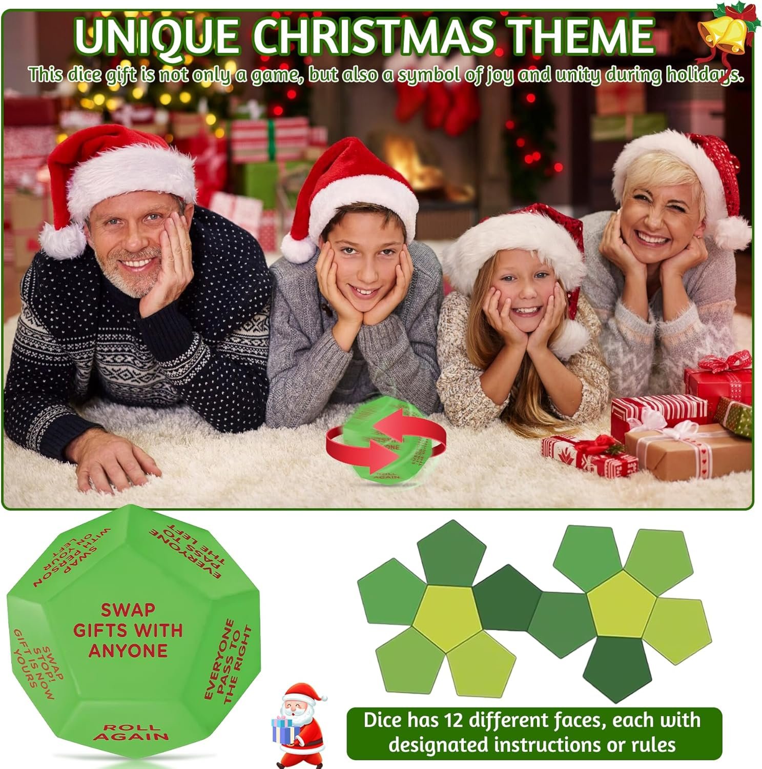 Santa Swap Gift Exchange Dice, Exchange Dice Game 2025 New - 3 Inch Exchange Dice Game Christmas Party Gift Dice Game for Family Friends Holiday Party 12 Different Sides (Random Box) - Image 5
