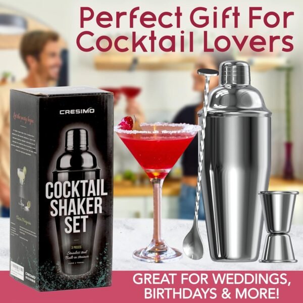 24oz Cocktail Shaker Set with Bar Accessories for Home Bar Shaker Set - Martini Shaker, Jigger, Drink Shaker Mixer Spoon - Alcohol Shaker Bartender Gift - Bartending Kit Essential for Home - Cresimo - Image 3