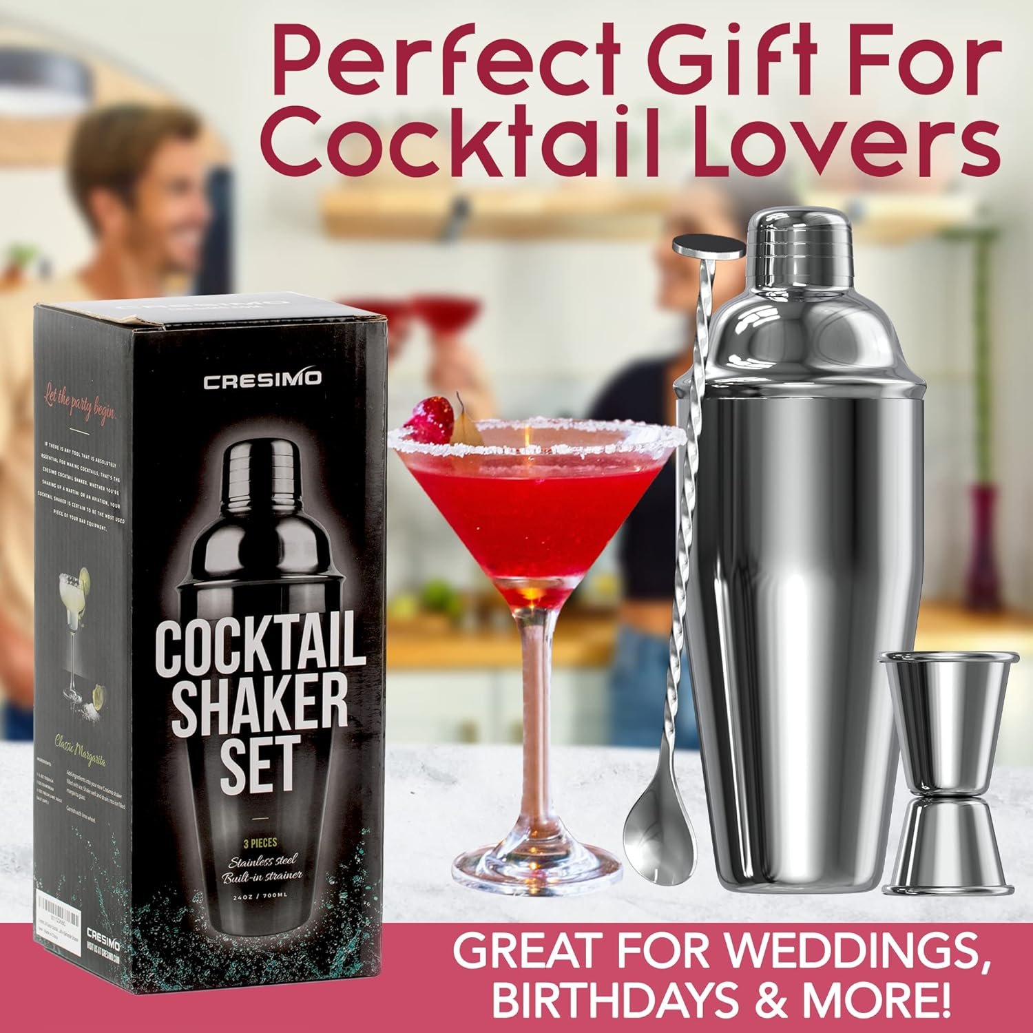 24oz Cocktail Shaker Set with Bar Accessories for Home Bar Shaker Set - Martini Shaker, Jigger, Drink Shaker Mixer Spoon - Alcohol Shaker Bartender Gift - Bartending Kit Essential for Home - Cresimo - Image 3