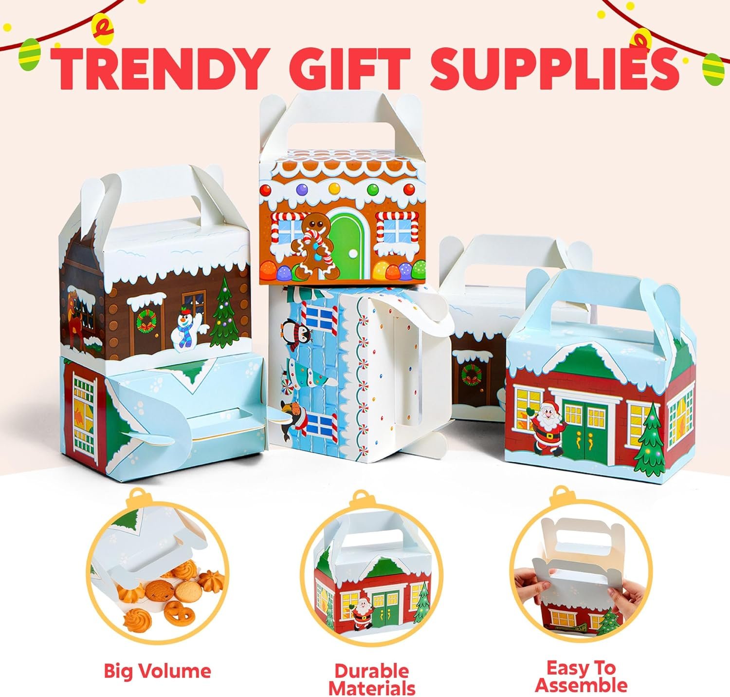 JOYIN 24 PCS 3D Christmas House Cardboard Treat Boxes for Holiday Xmas Goody Gift, Goodie Paper Boxes, School Classroom Party Favor Supplies, 4 Designs Candy Treat Cardboard Cookie Boxes - Image 4