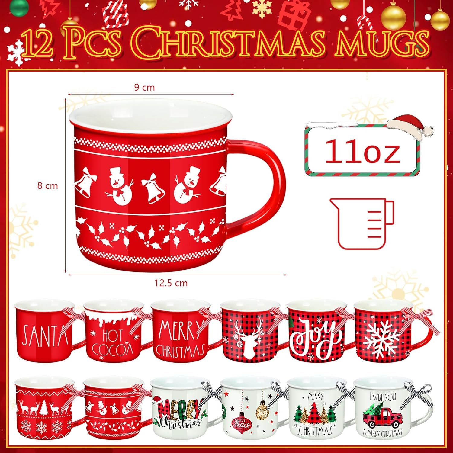 Baderke 12 Pcs Ceramic Christmas Plaid Mug with Ribbon 11 oz Christmas Coffee Mugs Santa Winter Hot Cocoa Design Coffee Mug Holiday Mugs for Christmas Centerpieces Decorations Housewarming Gift - Image 3